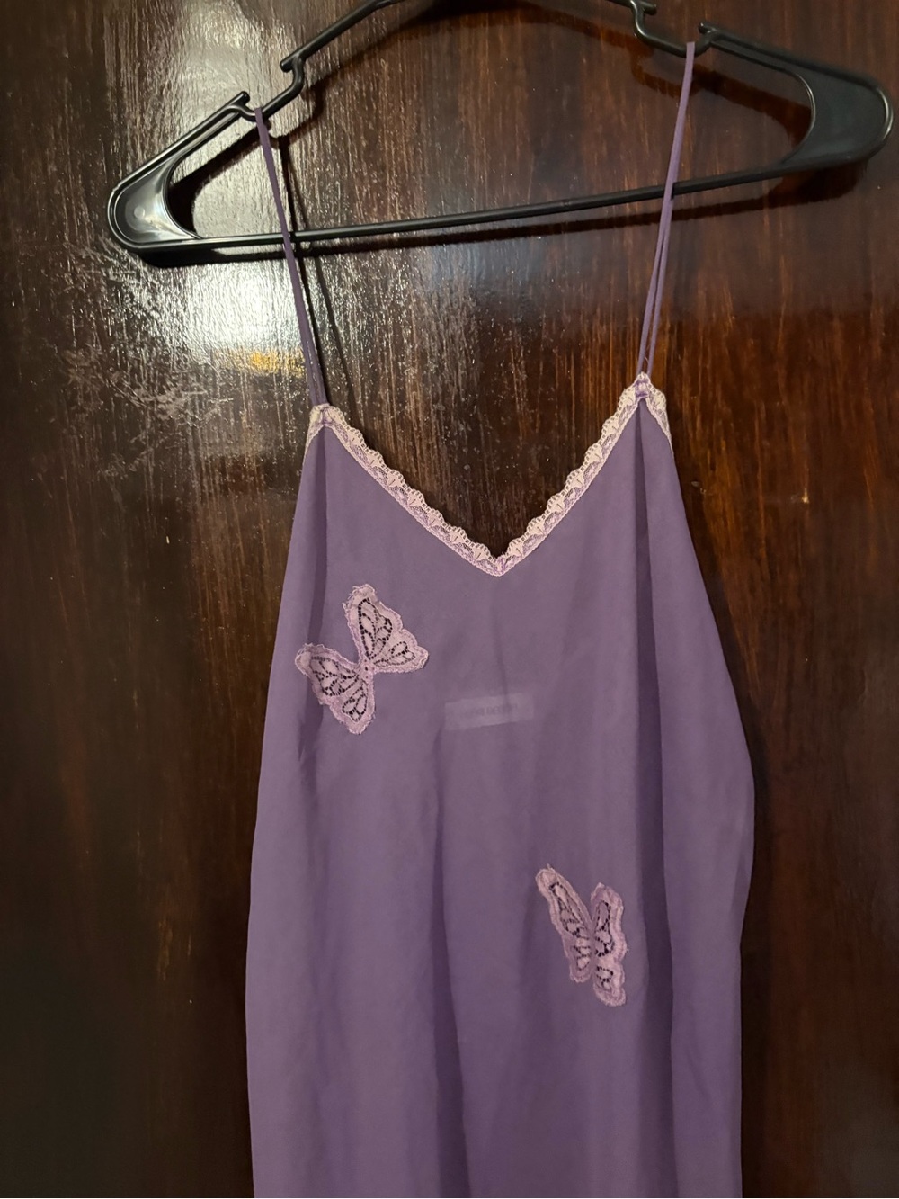 Vintage 90s Henri Bendel Made USA Purple Butterfly Appliqué Lace Maxi Slip Dress - Picture 5 of 12